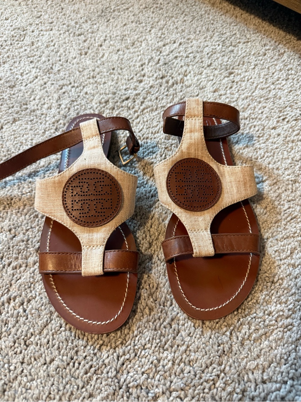 Tory Burch Beige Canvas and Brown Leather Logo Sandals